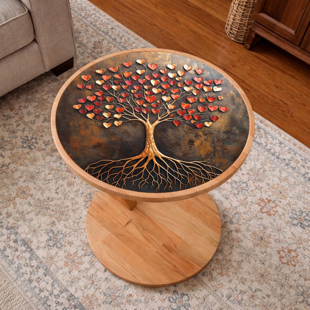 Tree of Life Round Side Table – Beech Wood, Tempered Glass Top, Living ...