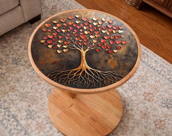 Tree of Life Round Side Table – Beech Wood, Tempered Glass Top, Living Room Accent