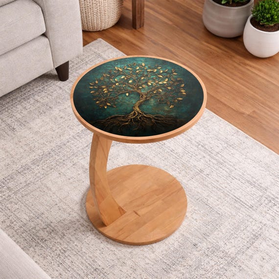 Handmade Wood Side Table Tree of Life | UV Glass Top End Table | Boho Living Room Furniture | Unique Home Decor Gift for Her