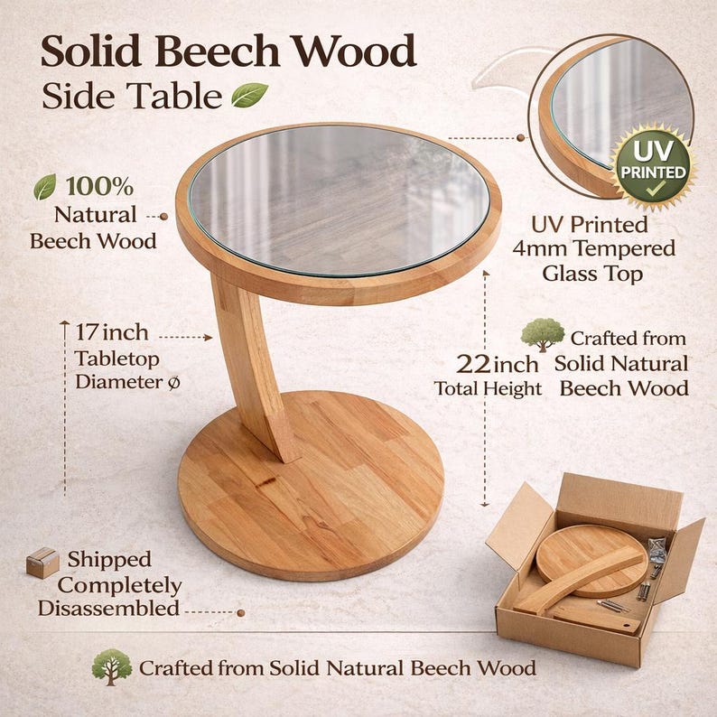 May include: A solid beech wood side table with a 17-inch diameter glass top. The table is 22 inches tall and crafted from natural beech wood. The table is shipped disassembled and includes all the necessary parts.