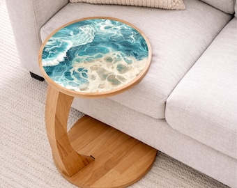 Ocean Glass Top C Table, Tempered Glass Side Table, Coastal Wooden End Table, Modern Living Room Furniture