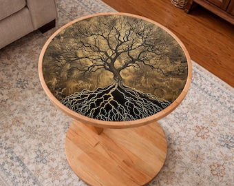 Tavolino laterale rotondo in vetro Mystic Tree, tavolino Root Art C, tavolino d'appoggio nei toni della terra, mobili per soggiorno ispirati alla natura.