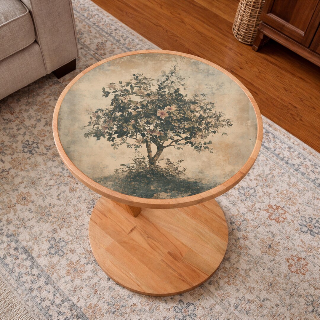 Botanical Art Side Table With Tempered Glass Top – Round Wooden Accent ...