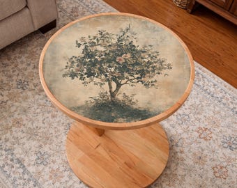 Botanical Art Side Table with Tempered Glass Top – Round Wooden Accent Piece