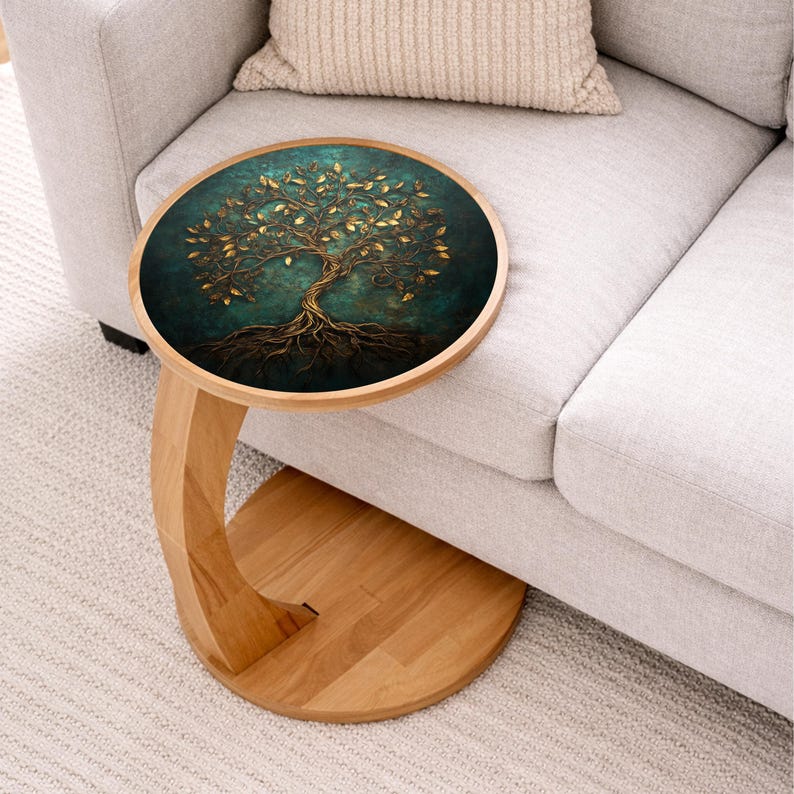 May include: A round side table with a wooden frame and a teal and gold tree of life design on the tabletop. The table has a curved leg and is placed next to a light gray sofa.