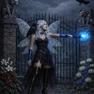 Può includere: Una figura con capelli argentati e ali traslucide scintillanti indossa un abito a corsetto nero, polsini blu e stivali alti neri. Un corvo nero è appoggiato sulla spalla mentre tiene in mano una bacchetta blu luminosa.