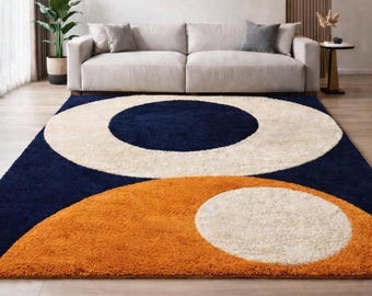 Modern Abstract Area Rug, Hand Tufted Shag Carpet, Geometric Circle Rug, Navy Blue Orange Cream Living Room Rugs