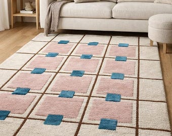 Pastel Checkered Rug, Tufted Area Rug, Pink Blue Grid Carpet, Modern Geometric Rug, Soft Plush Living Room Rug, Aesthetic Bedroom Decor rugd