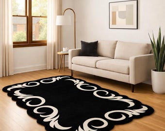 Zwart wit onregelmatig tapijt, handgetuft tapijt, modern abstract tapijt, luxe woonkamertapijt, tapijt met geschulpte rand, op maat gemaakte handgemaakte tapijten