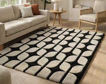 Black White Geometric Rug, Hand Tufted Area Rug, Modern Living Room Carpet, Luxury Soft Wool Rug, Scandinavian Home Decor Rugs
