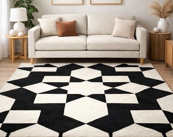 Zwart-wit geometrisch vloerkleed, modern handgetuft wollen tapijt, Scandinavisch woonkamertapijt, hedendaagse tapijten