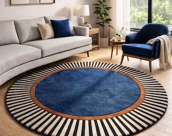 Blue Round Area Rug, Modern Circle Carpet, Geometric Striped Rug, Navy Blue Living Room Rug, Contemporary Floor Mat, Luxury Handmade Rugs