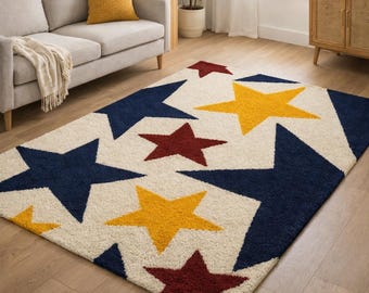 Hand Tufted Star Rug, Modern Geometric Area Rug, Tufted Wool Carpet, Colorful Star Pattern Rug, Kids Room Rug, Living Room Decor rugs