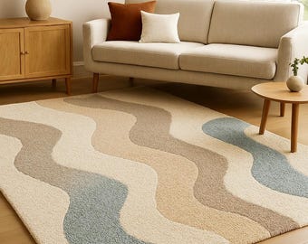Modern Abstract Area Rug, Neutral Wavy Pattern Carpet, Beige Blue Minimalist Rug for Living Room, Hand Tufted Contemporary Home Decor