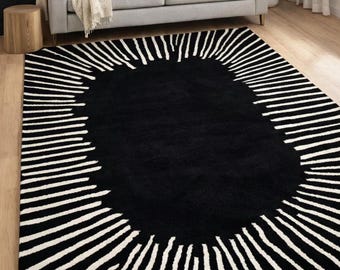 Black & White Modern Rug, Abstract Geometric Area Rug, Minimalist Scandinavian Carpet, Luxury Living Room Decor Rugs