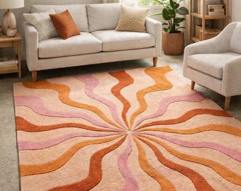 Retro Swirl Area Rug, Tufted Abstract Rug, Mid Century Modern Carpet, Pink Orange Wavy Rug, Boho Living Room Decor, Soft Plush rugs