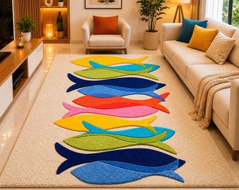 Colorful Fish Rug, Tufted Area Rug, Modern Ocean Carpet, Handmade Kids Room Rug, Abstract Fish Floor Mat, Living Room Decor Rugs