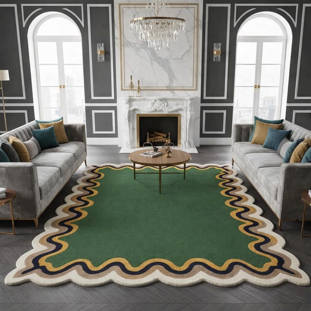 Luxury Modern Scalloped Edge Rug – Green Center With Navy, Gold & White ...