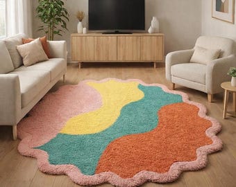 Pastel Abstract Tufted Rug, Wavy Edge Area Rug, Irregular Shape Rug, Modern Color Block Carpet, Handmade Tufted Rug, Nursery Room Decor rugs