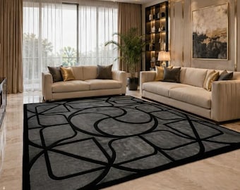 Modern Abstract Area Rug, Luxury Black Grey Carpet, Geometric Living Room Rug, Contemporary Large Floor Mat, Minimalist Home Decor Rugs