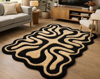 Abstract Irregular Shape Tufted Rug, Modern Black Beige Area Rug, Handmade Wavy Carpet, Scandinavian Floor Rug, Unique Living  room rugs
