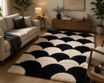 Black and White Geometric Shag Rug, Modern Scandinavian Area Rug, Soft Tufted Carpet, Boho Living Room Rug, Minimalist Bedroom Decor rugs