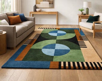 Abstract Circle Pattern Rug, Mid Century Modern Carpet, Colorful Living Room Rug, Contemporary Floor Decor, Handmade Tufted Rugs