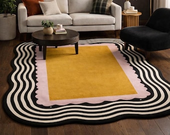 Modern Wavy Area Rug, Abstract Scalloped Edge Rug, Mustard Yellow Pink Black Tufted Carpet, Contemporary Living Room Decor Rug, Unique  rugs