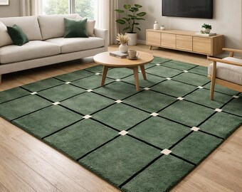 Modern Green Geometric Rug, Hand Tufted Area Rug, Minimalist Living Room Carpet, Custom Size Handmade Rug, Luxury Home Decor Rugs