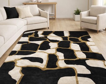 Modern Abstract Black White Rug, Handmade Tufted Area Rug, Luxury Living Room Carpet, Contemporary Designer Floor Rug, Custom Size Rugs