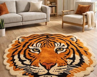 Tiger Head Shaped Rug, Tufted Animal Area Rug, Handmade Tiger Face Carpet, Jungle Decor Rug, Kids Room Accent Mat rugs