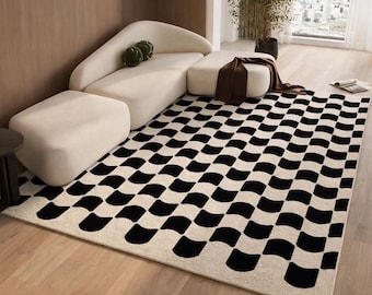 Black and White Checkered Rug, Modern Geometric Area Rug, Hand Tufted Wool Carpet, Living Room Decor rugs