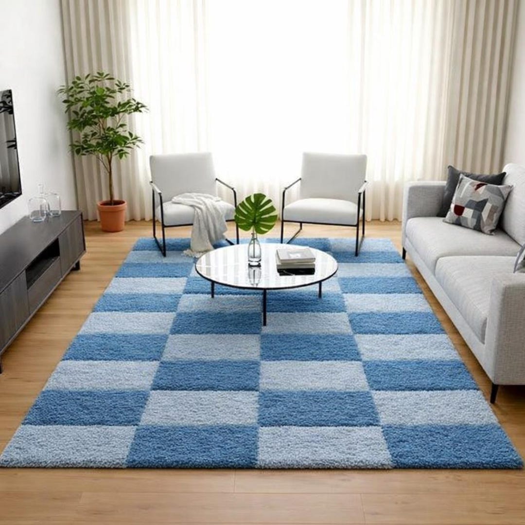 Blue Checkered Rug, Modern Tufted Area Rug, Blue White Checkerboard ...