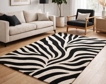Zebra Print Rug, Black White Area Rug, Modern Animal Print Carpet, Living Room Rug, Contemporary Floor Mat, Minimalist Home Decor rugs