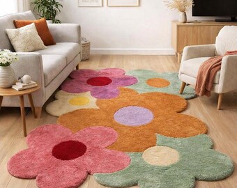 Colorful Flower Rug, Daisy Area Rug, Tufted Floral Carpet, Retro Flower Floor Mat, Kids Room Decor, Boho Living Room Rugs