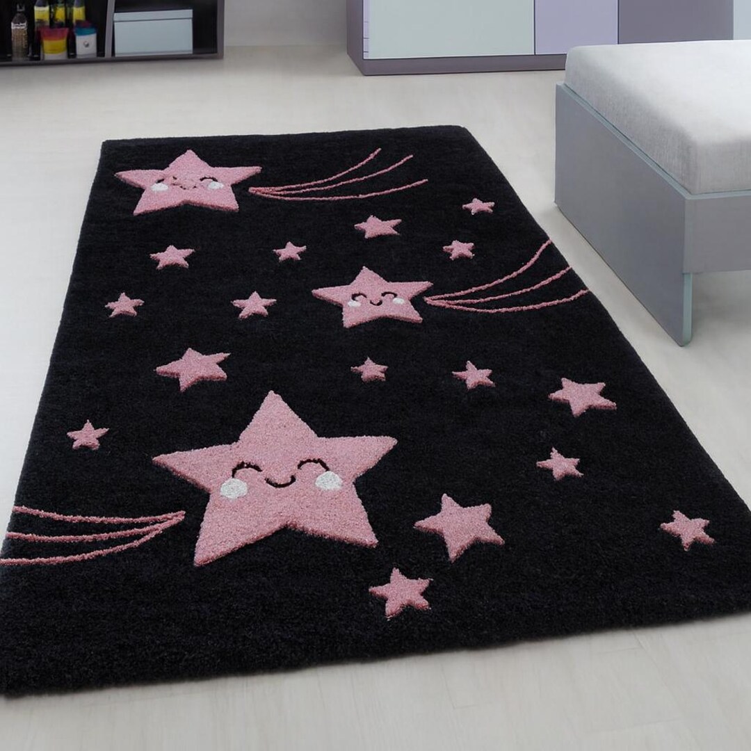 Cute Star Tufted Rug, Pink Star Black Rug, Kids Room Rug, Nursery Star ...