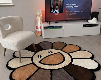 Alfombra divertida con flores y caritas sonrientes: alfombra redonda moderna con mechones para sala de estar, dormitorio y decoración infantil.
