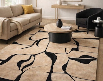 Modern Abstract Area Rug, Hand Tufted Wool Carpet, Beige Black Contemporary Rug, Luxury Living Room Rug, Minimalist Home Decor Rugs