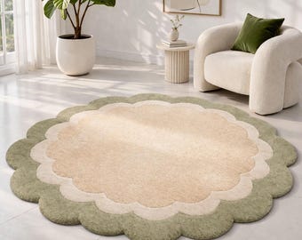 Alfombra redonda con forma de flor, alfombra con borde festoneado, alfombra suave de pelo para guardería, alfombra floral bohemia, alfombra verde salvia beige para sala de estar, alfombras lindas para niños