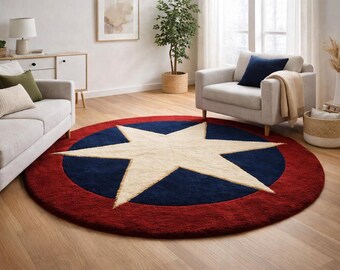 Captain Star Round Rug, Hand Tufted Area Rug, Modern Living Room Carpet, Custom Round Wool Rug, Kids Room Decor, Statement Floor Rugs