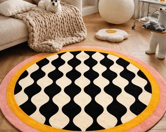 Round Hand Tufted Rug, Modern Geometric Area Rug, Black White Wave Pattern Carpet, Pink Yellow Border Rug, Scandinavian Living Room rugs