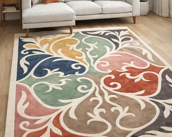 Colorful Floral Area Rug, Modern Living Room Rug, Boho Moroccan Carpet, Large Abstract Floor Rug, Soft Bedroom Rugs