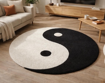 Alfombra redonda moderna Yin Yang – Alfombra de pelo corto en blanco y negro para sala de estar, meditación, decoración zen
