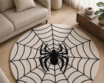 Spider Web Rug, Round Tufted Rug, Gothic Halloween Carpet, Black White Spider Rug, Handmade Area Rug, Living Room Decor rugs