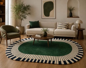 Luxury Piano Key Oval Rug, Modern Hand Tufted Area Rug, Green Abstract Carpet, Designer Living Room Rug, Contemporary State rugs