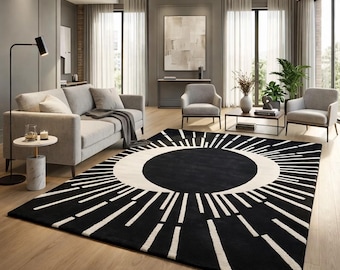 Black White Sunburst Area Rug, Modern Geometric Rug, Abstract Circle Carpet, Contemporary Living Room Rug, Minimalist Home Decor, rugs