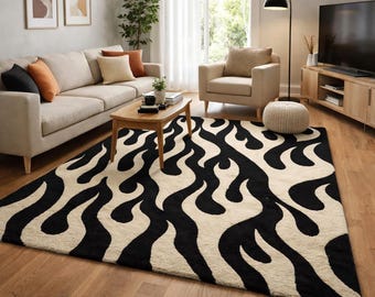 Black White Abstract Rug, Modern Hand Tufted Area Rug, Zebra Wave Pattern Carpet, Contemporary Living Room Rug, Luxury Statement  rugs