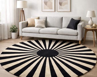 Black White Sunburst Round Rug, Modern Geometric Area Rug, Scandinavian Minimalist Carpet, Boho Living Room Decor, Abstract Circle Rugs