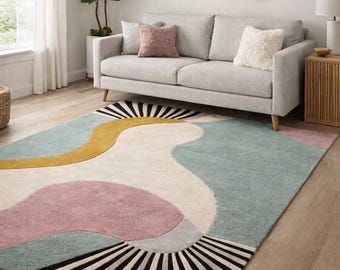 Abstract geometrisch handgetuft tapijt, modern vloerkleed, pastel woonkamertapijt, tapijt in Scandinavische stijl, eigentijdse slaapkamertapijten
