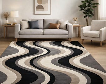 Modern Abstract Wave Area Rug, Black White Beige Living Room Carpet, Contemporary Scandinavian Floor Rug, Minimalist Home Decor Rugs